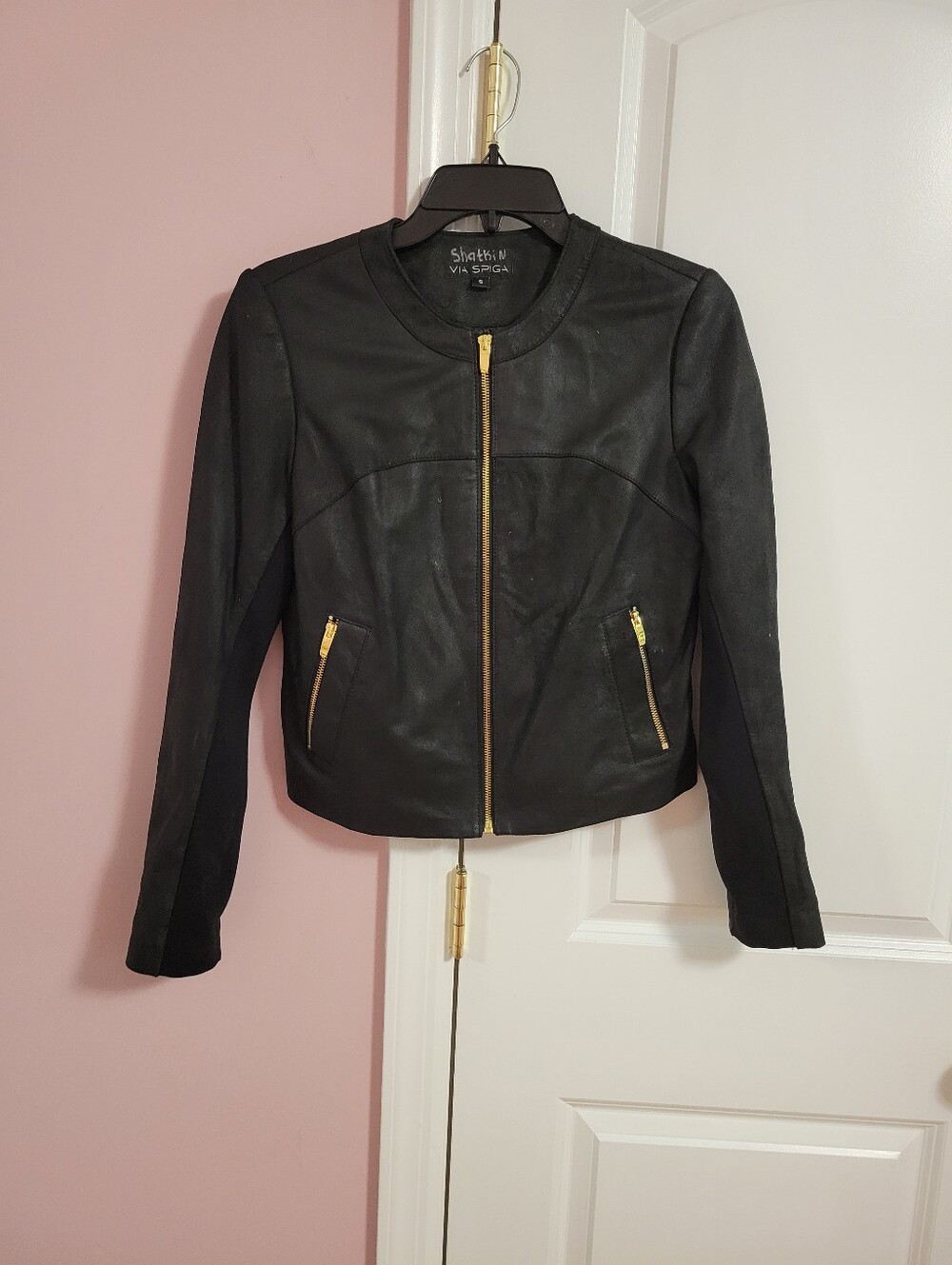 Via Spiga Black Leather Mixed Media Jacket Gold Zip Collarless Moto- S- Designer